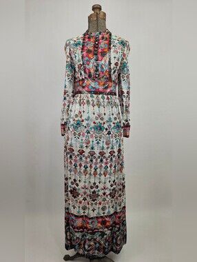 Vintage 60's Union Made ILGWU Women’s Metallic Turquoise Party Maxi Dress Small